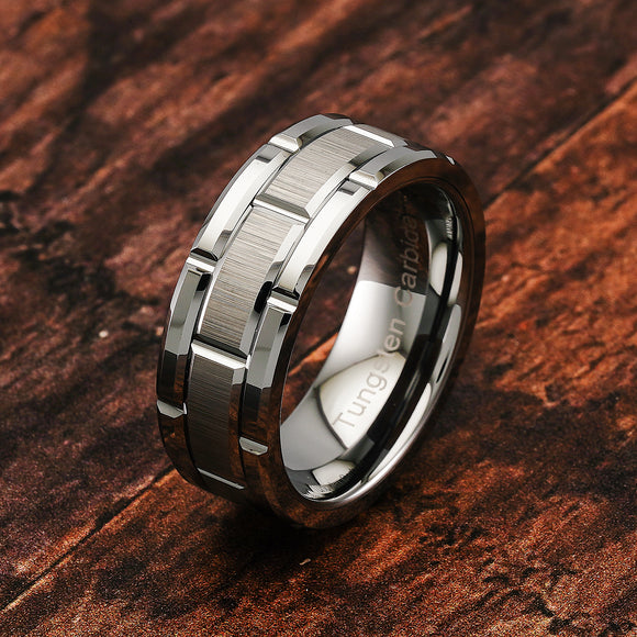 100S JEWELRY Tungsten Rings for Men Wedding Band Silver Brick Pattern Brushed Engagement Promise Size 6-16