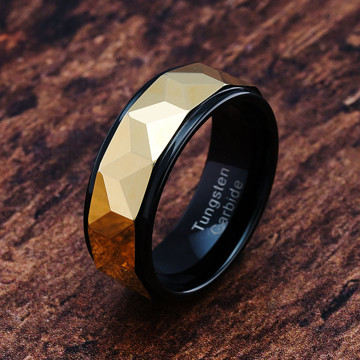 100s Jewelry Personalized Engraved Faceted Tungsten Rings for Men Gold Polish Black Step Edge Sizes 6-16, 11 - 100s Jewelry