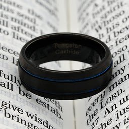 100S JEWELRY Engravable Black Dome Band Blue Double Groove Men's Tungsten Wedding Rings Size 6-16