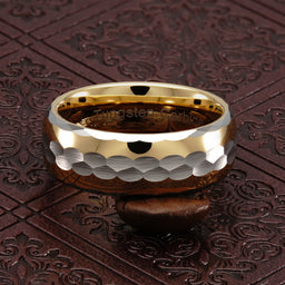 100S JEWELRY Tungsten Mens Wedding Band Two Tone Gold Silver Hammer Forged Facet Cut Edge Size 6-16