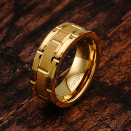 100S JEWELRY Tungsten Ring for Men Wedding Band Gold Brick Pattern Brushed Beveled Edge Size 6-16