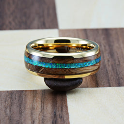 100S JEWELRY 14k Gold Tungsten Rings For Men Whiskey Barrel & Green Opal Wedding Promise Engagement Band Size 6-16