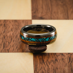 100S JEWELRY Gunmetal Gray Tungsten Rings For Men Turquoise & Whiskey Barrel Wood Grain Inlay Wedding Promise Engagement Band Size 6-16