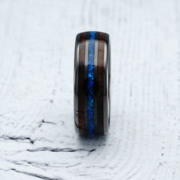 Gunmetal Tungsten Ring For Men Koa Wood Blue Opal Inlaid Wedding Band Promise Engagement Size 6-16