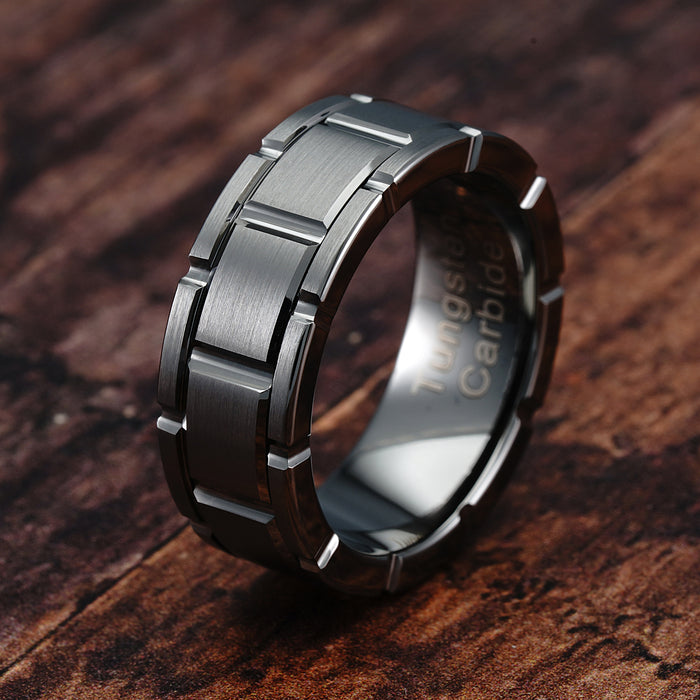 100S JEWELRY Gunmetal Tungsten Rings For Men Wedding Band Brick Pattern Promise Engagement Size 6-16