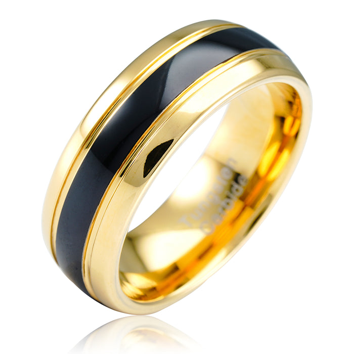 100S JEWELRY Two Tone High Polish Black Center Gold Edge Tungsten Rings Men Wedding Bands Promise Engagement Size 6-16