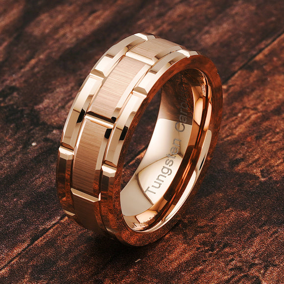 Tungsten Rings for Mens Wedding Band Rose Gold Brick Pattern Engagement Promise Jewelry Size 6-16