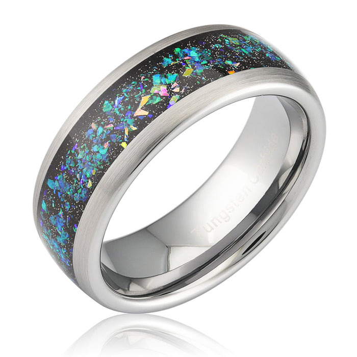 100S JEWELRY Tungsten Wedding Ring for Men Women Opal Inlay Silver Band Comfort Fit Size 6-16