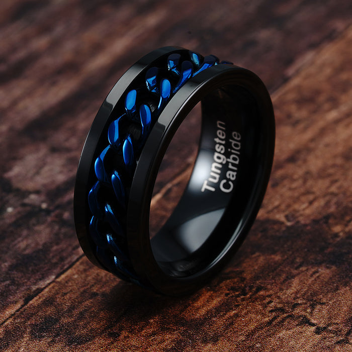 100S JEWELRY Spinner Ring Blue Cuban Link Black Tungsten Wedding Band For Men Women Promise Engagement Band Size 6-16