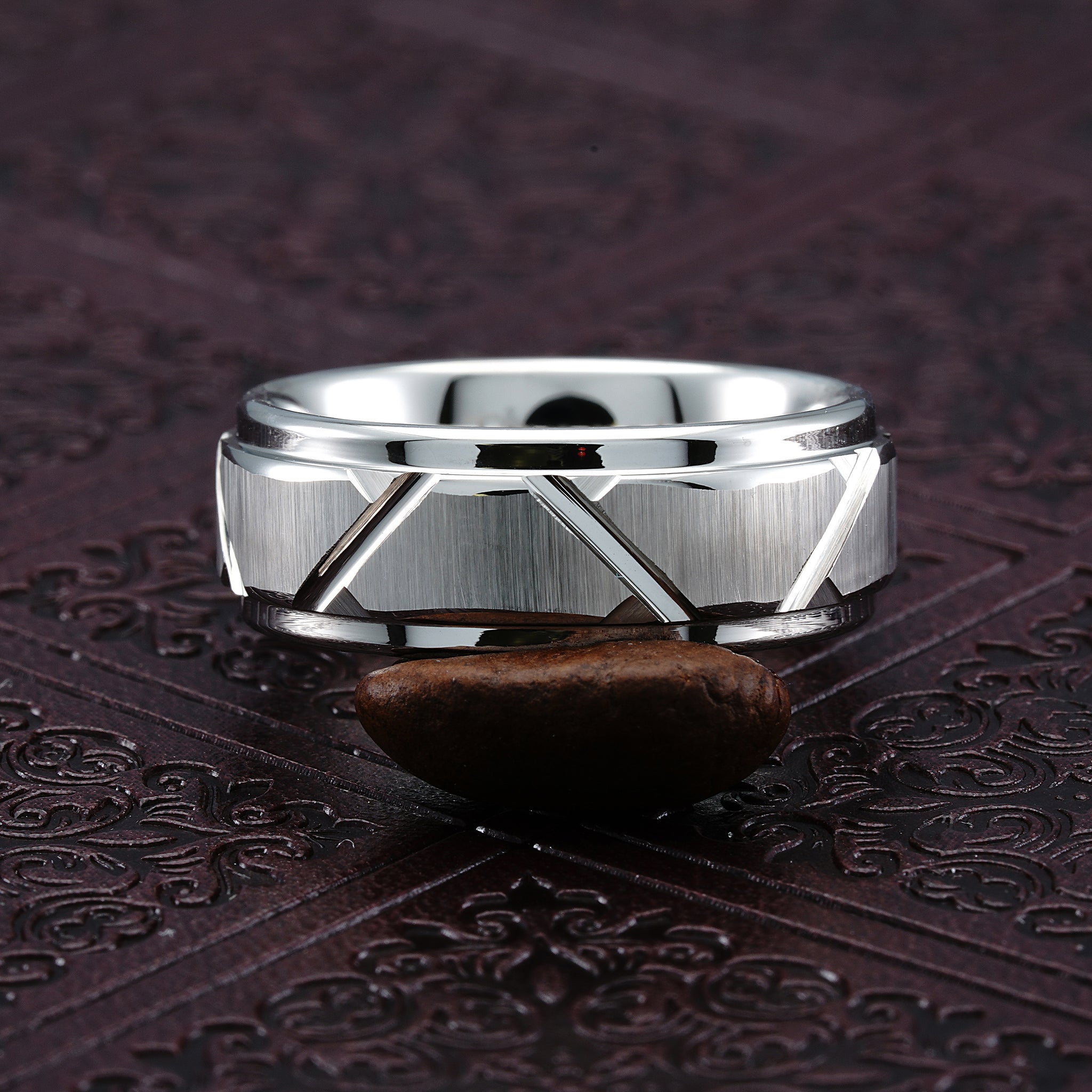 White Gold Tungsten Wedding Band - Angled Groove Lines, Size 6-16, 8mm, Cobalt Free