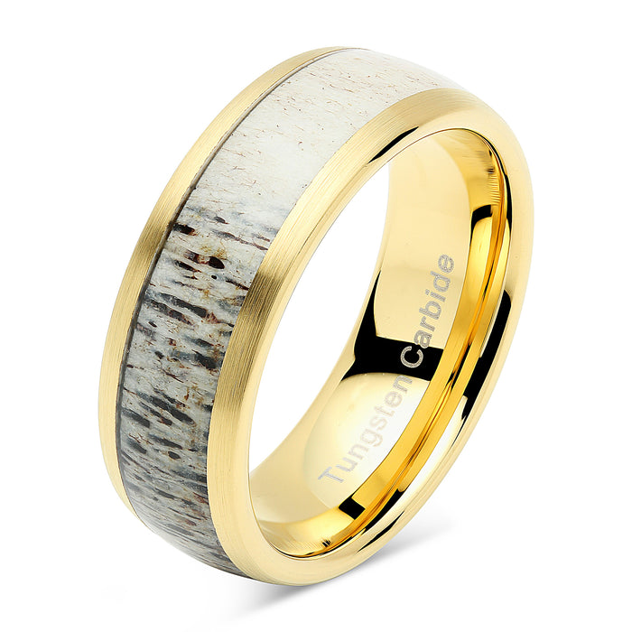 100S JEWELRY Tungsten Rings for Men Gold Wedding Band Antler Inlaid Dome Edge Matte Finish Size 8-16-100S JEWELRY-100S JEWELRY