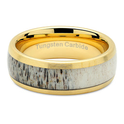 100S JEWELRY Tungsten Rings for Men Gold Wedding Band Antler Inlaid Dome Edge Matte Finish Size 8-16-100S JEWELRY-100S JEWELRY