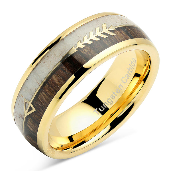 8mm Rose Gold Tungsten Rings for Men Women Wedding Bands Koa Wood Deer Antler Arrow 2024 Inlay Domed Polished Comfort Fit