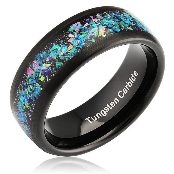 100S JEWELRY Black Tungsten Wedding Ring for Men Women Opal Inlay Comfort Fit Style Size 6-16