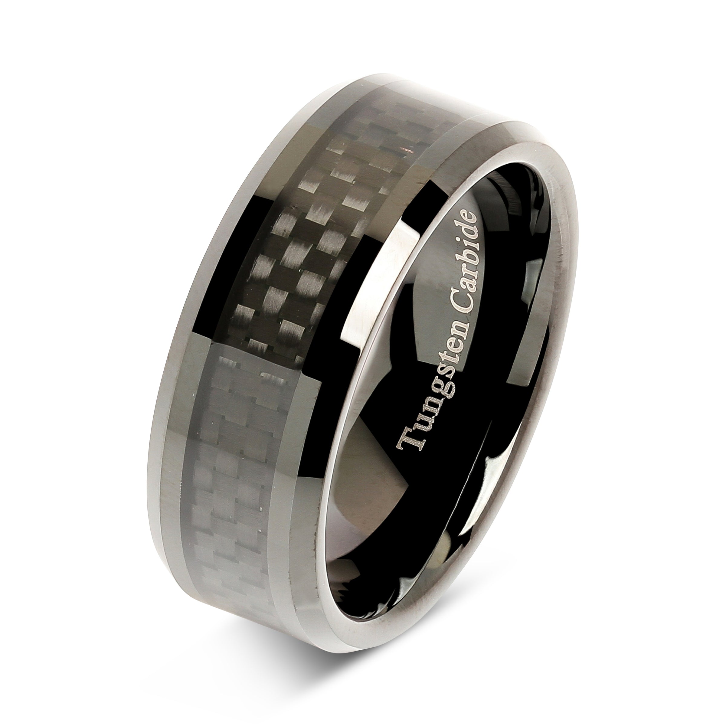 8mm Tungsten Carbide Ring Carbon Fiber Inlay Black Plated Wedding Band