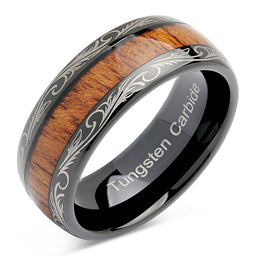 100S JEWELRY Tungsten Rings for Men Wedding Band Koa Wood Inlaid Dome Edge Comfort Fit Size 6-16