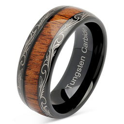 100S JEWELRY Tungsten Rings for Men Wedding Band Koa Wood Inlaid Dome Edge Comfort Fit Size 6-16