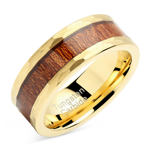 100S JEWELRY Tungsten Rings for Men Women Wedding Band Gold Hammered Edge Wood Inlaid Sizes 8-15-100S JEWELRY-100S JEWELRY